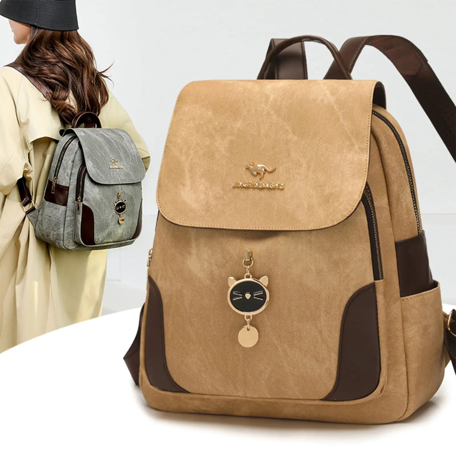 Women's Retro Leather Anti-Theft Backpack - Multi-Pocket Multifunctional Casual Bag with Cat Charm, Suitable for Work, Travel, Shopping