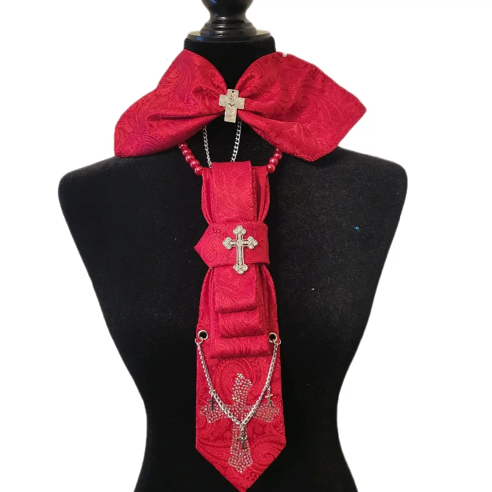 Red Paisley Print Tie and Bow Combo with Crosses for Stylish Outfits