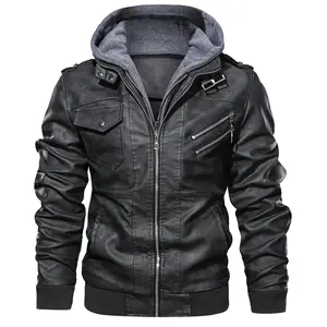 JYG Men's Faux Leather Jacket Stand Collar Motorcycle Bomber Jackets with Removable Hood