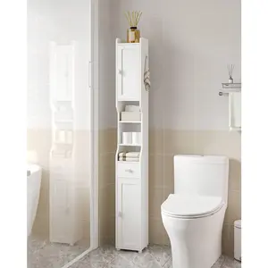 Bathroom Storage Cabinet, Narrow Tall Bathroom Cabinet, Freestanding Floor Cabinets  2 Doors And 1 Drawer, Toilets Organizer  Adjustable Shelf, 1 Hook For Small Spaces, White with Handle Vertical Dresser