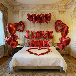 I Love Mom Heart-Shaped Balloon Set & Hollow Heart Decorations, 1000 Pieces Realistic Rose Petals, Perfect for Mother's Day, Mother's Day Birthday , Perfect Decorations For Home.