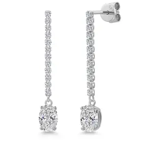 14K White Gold Gemstone Birthstone and White Lab Grown Diamond Long Liner Dangle Earrings for Women | Oval Cut 7X5MM | Round 1.5MM | White Gold Chain Drop Earrings