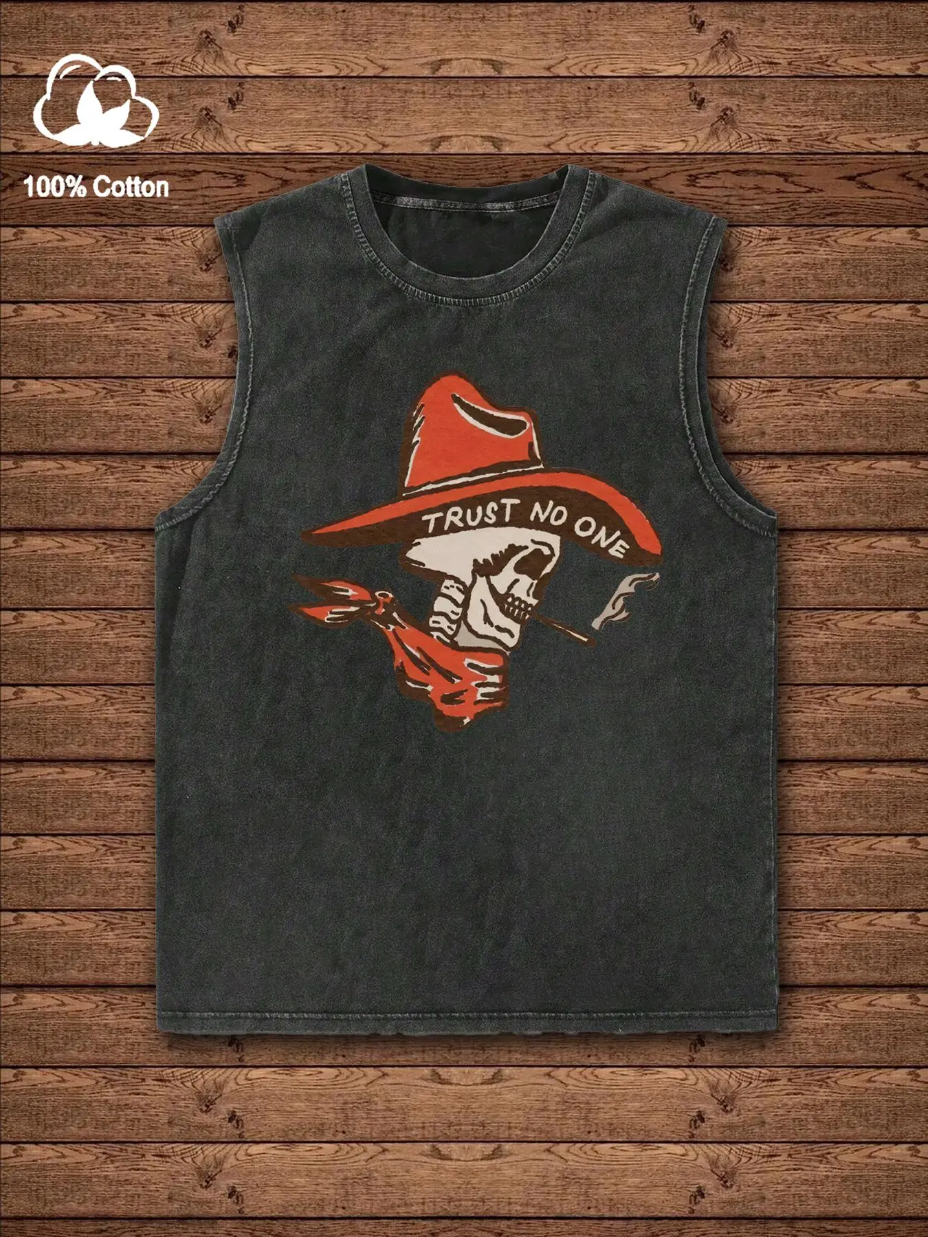 Hardcore Street Sleeveless Skull Denim Pattern Top, Streetwear Tank Vest, Tanktops, Streetwear, Trust No One Print, Casual Fitted Vintage Summer Wear for Trendy Men, Perfect for Retro Style, Halloween