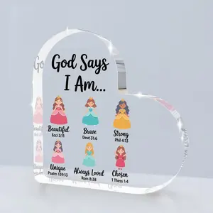 Gift Girls Bedroom Decor Sign Positive Affirmation Heart Acrylic God Says I Am Princess Christian Inspirational Gifts for Kids Teen Girl Princess Room Bedroom Dorm Home Shelf Bible Verse Decor