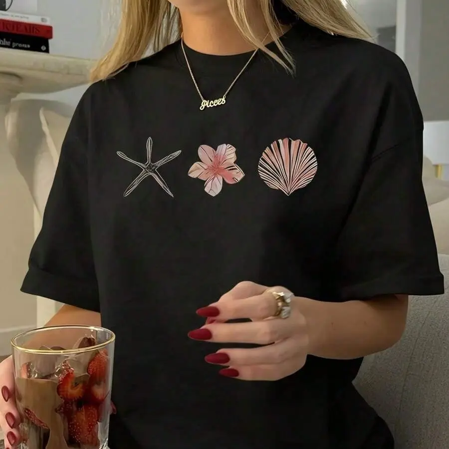 Graphic TeesWomen's Cotton Oversized T-Shirt With Starfish, Flower & Shell Print, Casual Short Sleeve Round Neck Tee, Loose Fit Top, S-5XL Sizes, Summer Beach Vacation Fashion, Soft Breathable Basic T-Shirt For Daily Wearcotton Summer Tops Beachy Tee Casu