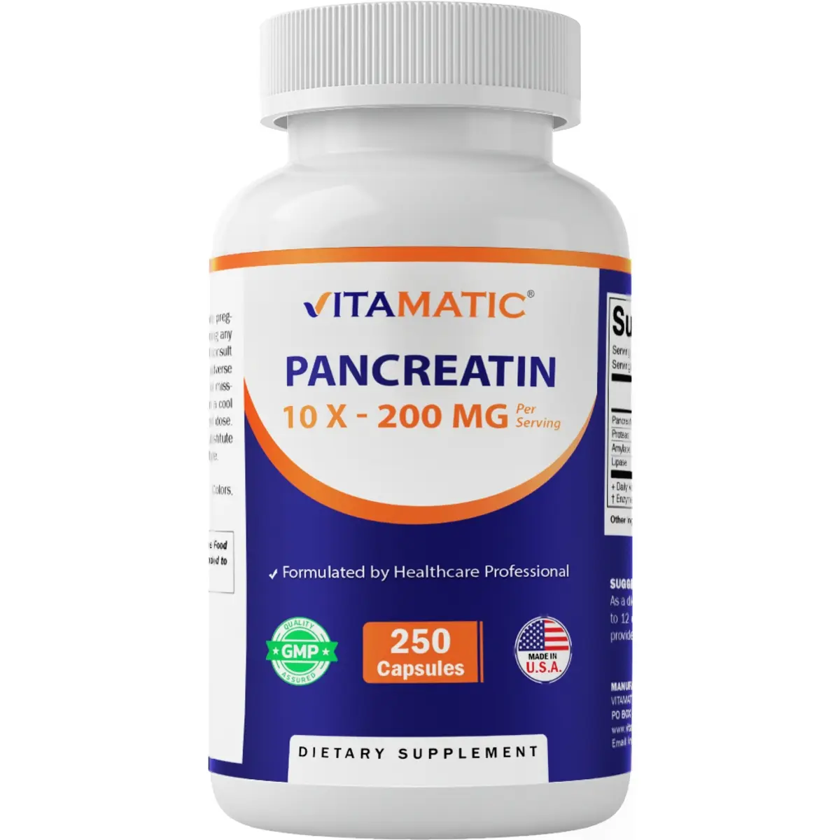 Vitamatic Pancreatin 10X Digestive Enzymes – 250 Capsules – Made with Protease 50,000 USP, Amylase 50,000 USP & Lipase 4,000 USP – Supports Protein, Carb & Fat Digestion – Non-GMO – Made in USA