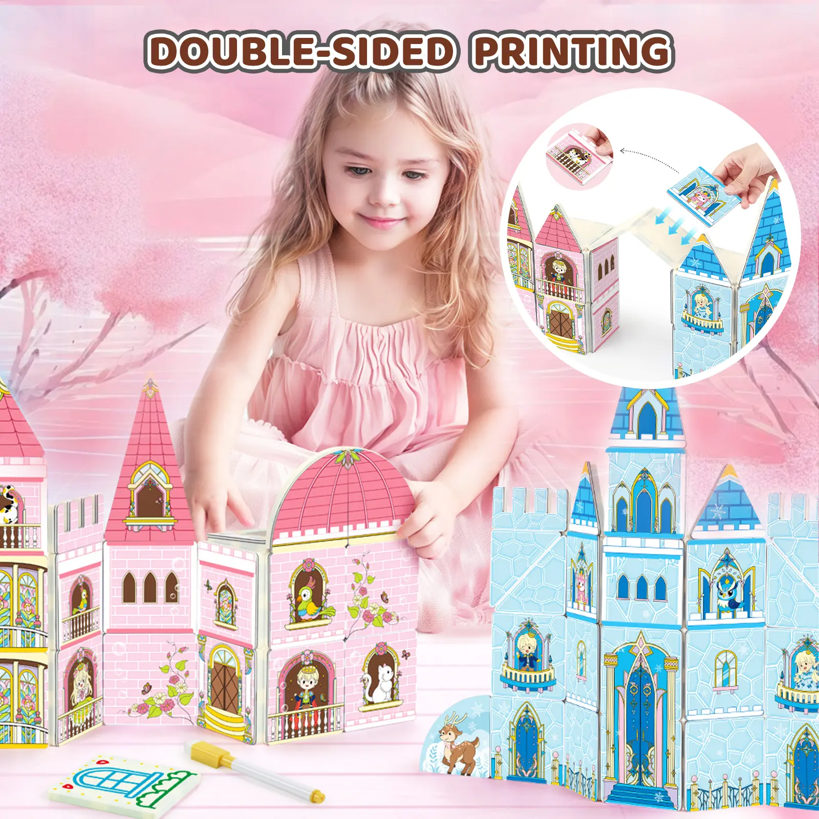 Magnetic Tiles for Kids, Princess Castle & Frozen Magnetic Building Tiles DIY Playset 65 Pcs, 3D Education STEM Magnet Toys for Boys and Girls Age 3+, Pink Blue Double Sided Printing