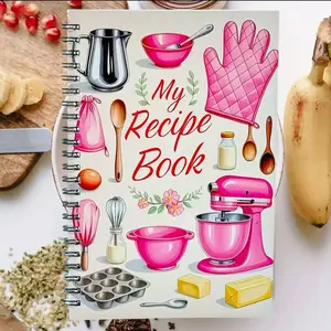 1 themed recipe book, meal plan book, Planner, spiral bound, Guided Journal, Interactive Notebook - pink kitchen cooking book, suitable for women, home chefs - no date blank pages, diary, recipe diary with pocket inside pages, indexed recipe book