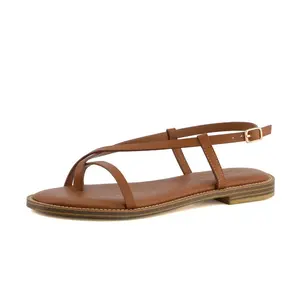 CUSHIONAIRE Luxor Sandals for Women 2025, Strappy Flat Thong Womens Sandals with Adjustable Ankle Strap and Memory Foam, Cognac 10W