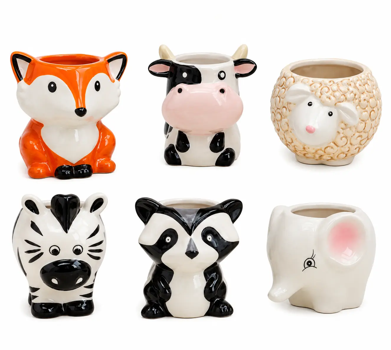 Cute Ceramic Animal Planter – 3" Succulent Pot – Choose Your Favorite Animal | Fox, Cow, Zebra, Elephant, Raccoon or Sheep