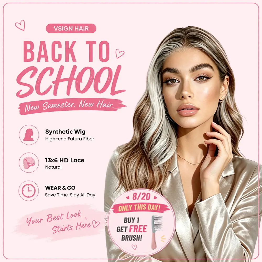 [Gloria] VSIGN New Rose Gold Smoky Silver Salt Pepper Highlights Shoulder Length Wavy Wig Scandi Hairline Pre Cut Lace Natural Looking Premium Synthetic Hair Heat Resistant Fiber Soft Layered Waves Lightweight Beginner Friendly Daily Wear Natural Hairline