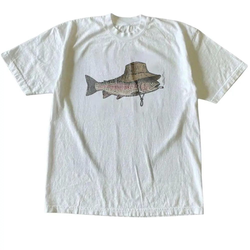 The Vintage Fishing Trout Hat Shirt, Vintage Funny Fish Smoking Shirt, Fish Shirt, Gift For Woman, Gift For Men, Womenswear Top Underwear Streetwear, Trending Shirt,graphic