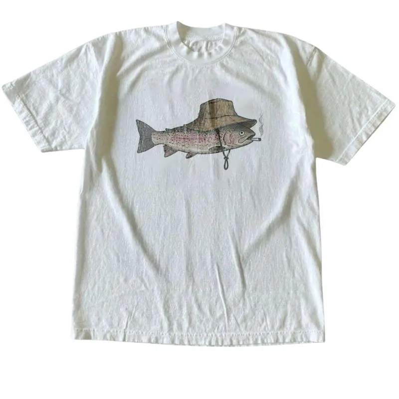 Unisex Vintage Funny Digital Print Smoking Trout Twill Fitted Round Neck Tshirt, Casual Streetwear Top - Sports & Outdoor Clothing, Unisex Sizing Simplifies Gifting