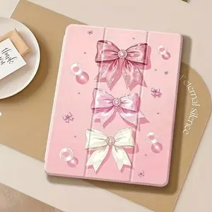 Pink pearl ribbon pattern, with adjustable bracket and pen slot, foldable non-slip TPU protective case, suitable for iPad mini, iPad Air, iPad Pro/iPad 10th generation, 11th generation and other series iPad protective cases