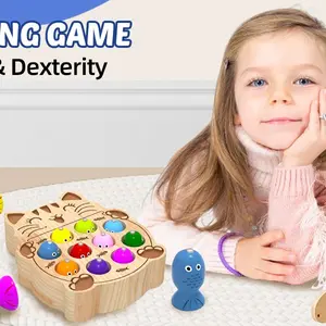 Edutree Cute Cat Fishing Game Toy for Kids, Wooden Magnetic Meow Fishing Game, Montessori Fine Motor Skills Toy for Toddlers 1-3 Years Old, Mother's Day Sensory Activity Board Number Counting Blocks