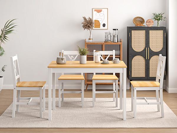 Soges 5-Piece Solid Wood Dining Table Set with 4 Chairs, Farmhouse Kitchen Table Set for Small Space, Easy Assembly Desk for Kitchen, Dining Room, or Restaurant