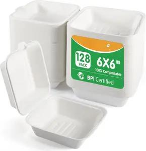 [6x6, 128-Pack Compostable Clamshell Take Out  Containers, Biodegradable Bagasse Paper To-Go Boxes for Burgers, Sandwiches, Cake, , Microwave & Freezer Safe (White)