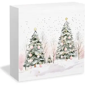 Pink Christmas Tree Wooden Box Sign Desk Decor, Preppy Christmas Decor, Pastel Winter Xmas Bauble Tree Wood Signs for Home Office Desk Table Shelf Decorations, 5x5 Inch