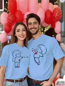 Single Pack Couple Theme T-Shirt Unisex - Casual Fun Pattern Print Round Neck Short Sleeve, Machine Washable, Fun Valentine's Day or Christmas Gift, Suitable for All Seasons, Gift for Boyfriend or Girlfriend, Valentine's Day Gift