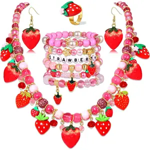 Strawberry  Set for Women-Beaded Strawberry Bracelets Necklace Earrings Ring Set Halloween Birthday Party Favors Costume Accessories