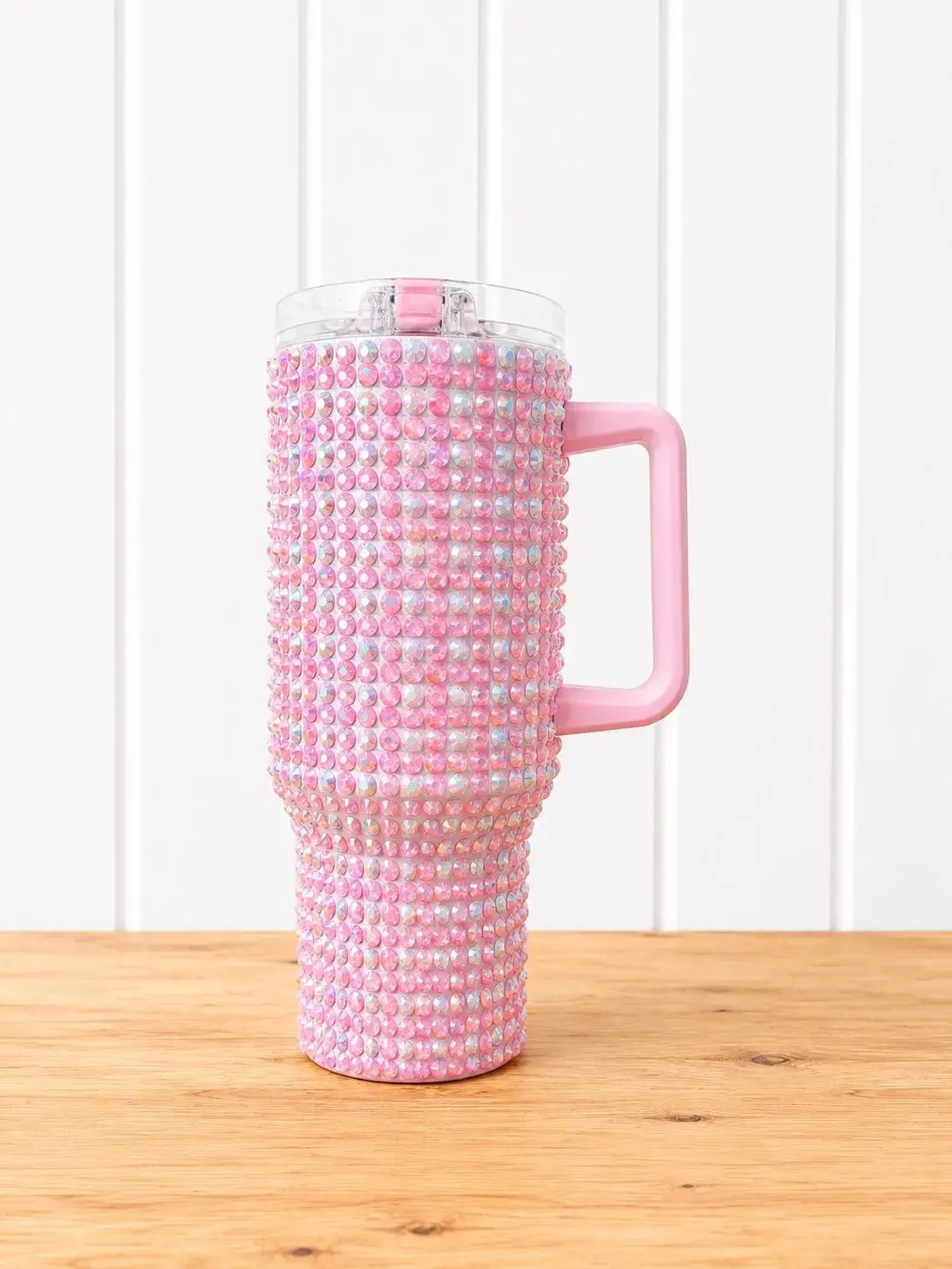 Baby Pink and Crystal Checkered Rhinestone Tumbler | 40 oz Handmade Bling Cup with Handle