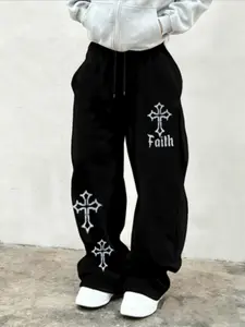 Men's Casual Sporty Long Pants, Cross Pattern Print, Drawstring Wide Leg, Loose-Fitting, All Seasons, Graphic Letter Design, Casual Fashion Loose