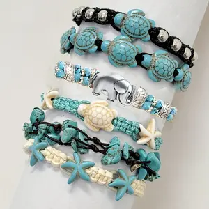 6PCS Retro Natural Turquoise Bracelets Set Multi-layer Handmade Starfish, Turtle, Elephant Vacation Travel Beach Bracelet Festivals, Birthdays, and Special Occasions Party Jewelry Valentine's Day Gift