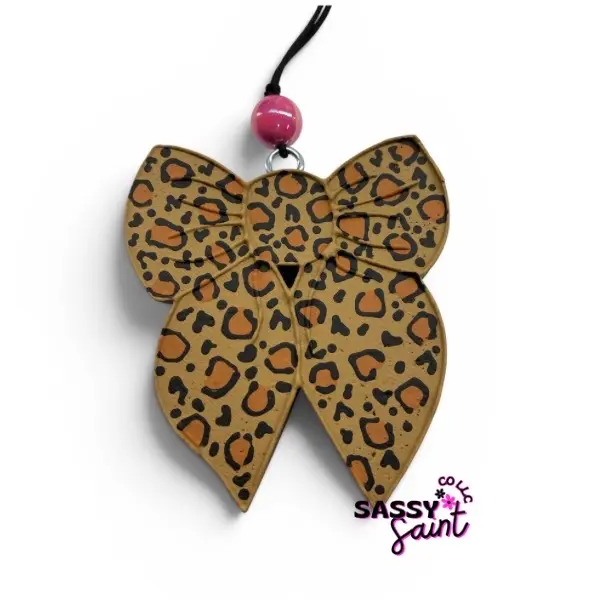 Sassy Saint Leopard Print Bow Freshie-Made to Order-Premium Air Freshener for Car, Home, or Small Space Handcrafted with Unique Designs Long-lasting Fragrance 4-8 Weeks-Hand Painted-Coquette Style-Girly