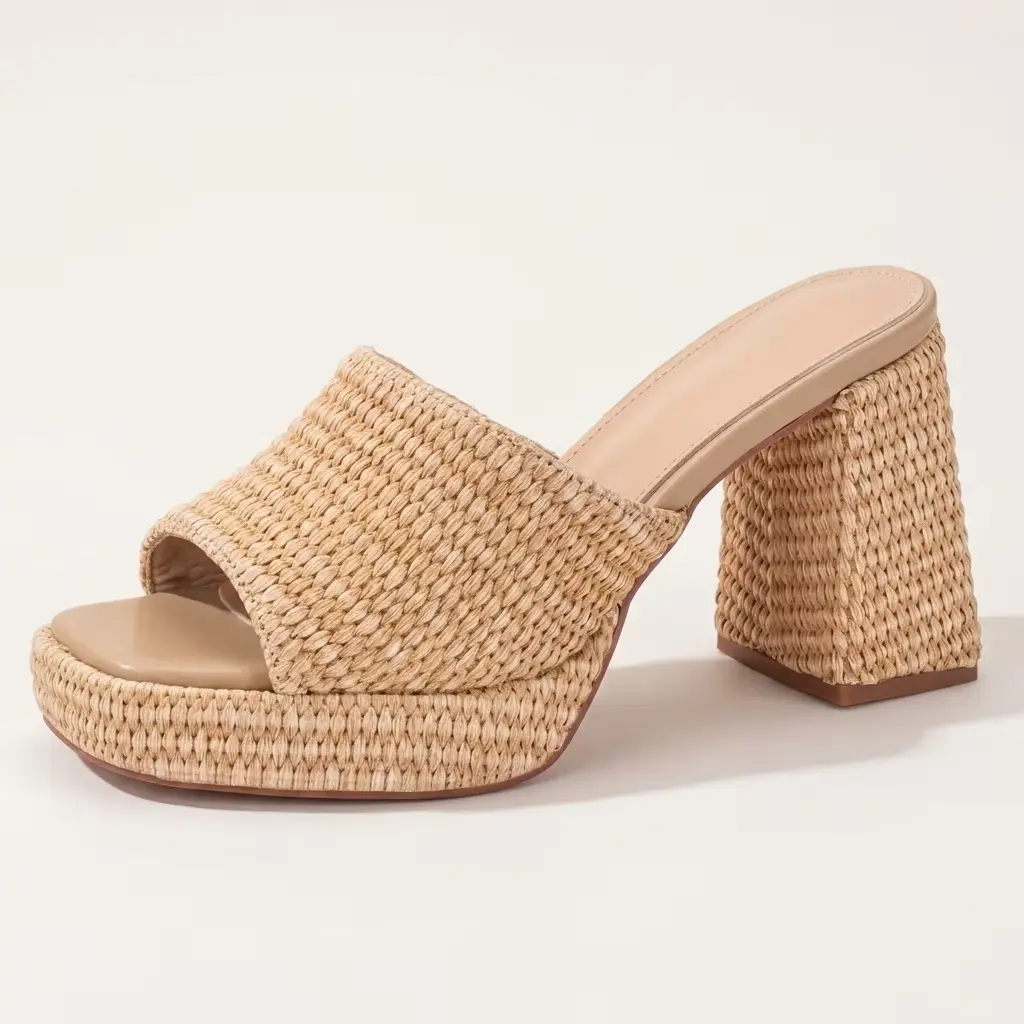 Women's Raffia Upper Casual Platform Sandals - Slip-On Fit, Block Chunky Heel, Open Toe, Dressy Summer Vacation Beach Footwear