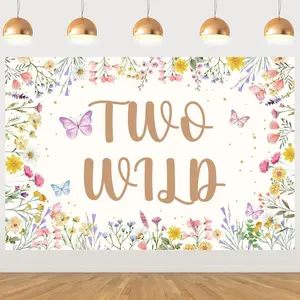 1Set 5x3ft Wildflower Backdrop  Wildflower 2anniversary Birthday Decorations Girl Watercolor Floral Themed Flower Daisy Butterfly Photography Background for Second Birthday Party