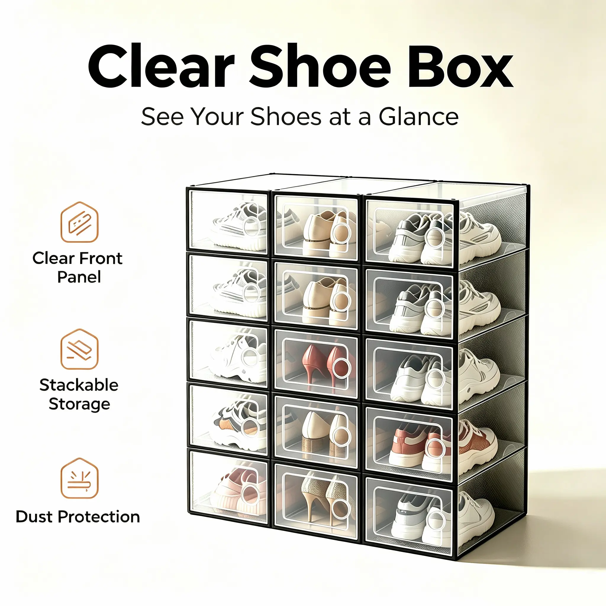 Multi-scene  shoe boxes  Dustproof clear shoe organizer stackable for closet/bedroom/living room, side pull handle easy access, dust protection, stable stacked structure,high value