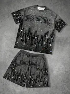 ✨ Diamond Flame Sports Set 🔥 Black Y2K style two-piece set, sparkling sequin pattern loose T-shirt and shorts, street party outfit, # Today's fashion outfit
