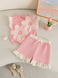 Summer Girls' Fashion Gift Set, Waffle Texture 3D Flower Sleeveless Top and Ruffle Shorts, Sweet for Daily Wear