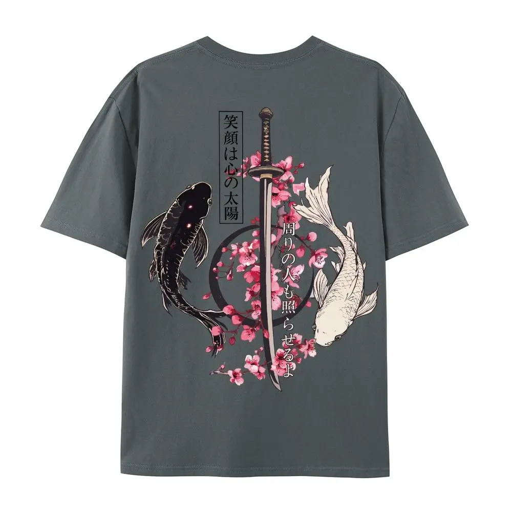 Japanese Streetwear Graphic Tee Katana Koi Fish Sakura Short Sleeve T-Shirt Casual Anime Aesthetic Gym Pump Cover Y2K Unisex Everyday Clothes Oversized
