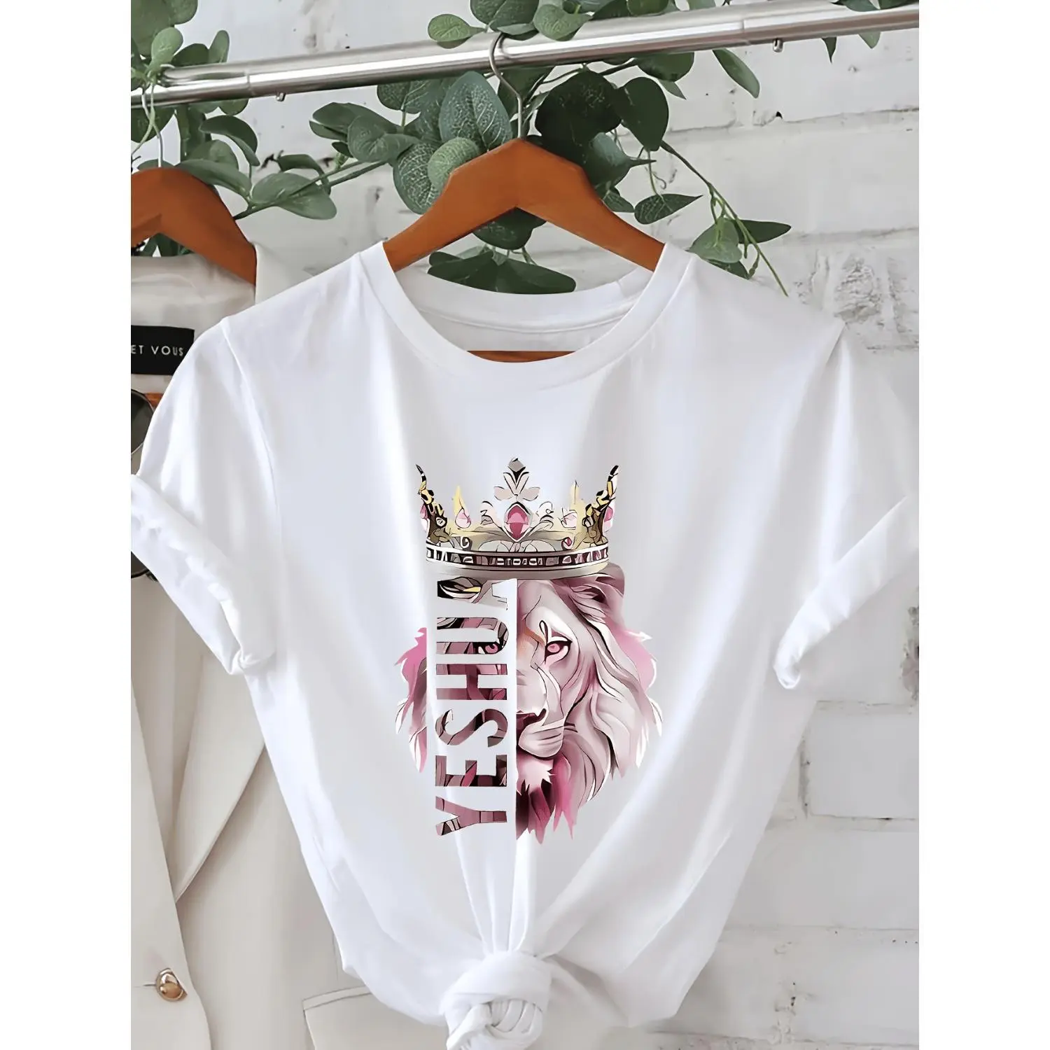 Plus Size Lion Crown And Lioness Pattern Short Sleeve Round Neck Casual Spring Summer Top