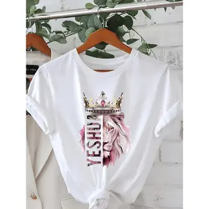 Plus Size Lion Crown And Lioness Pattern Short Sleeve Round Neck Casual Spring Summer Top