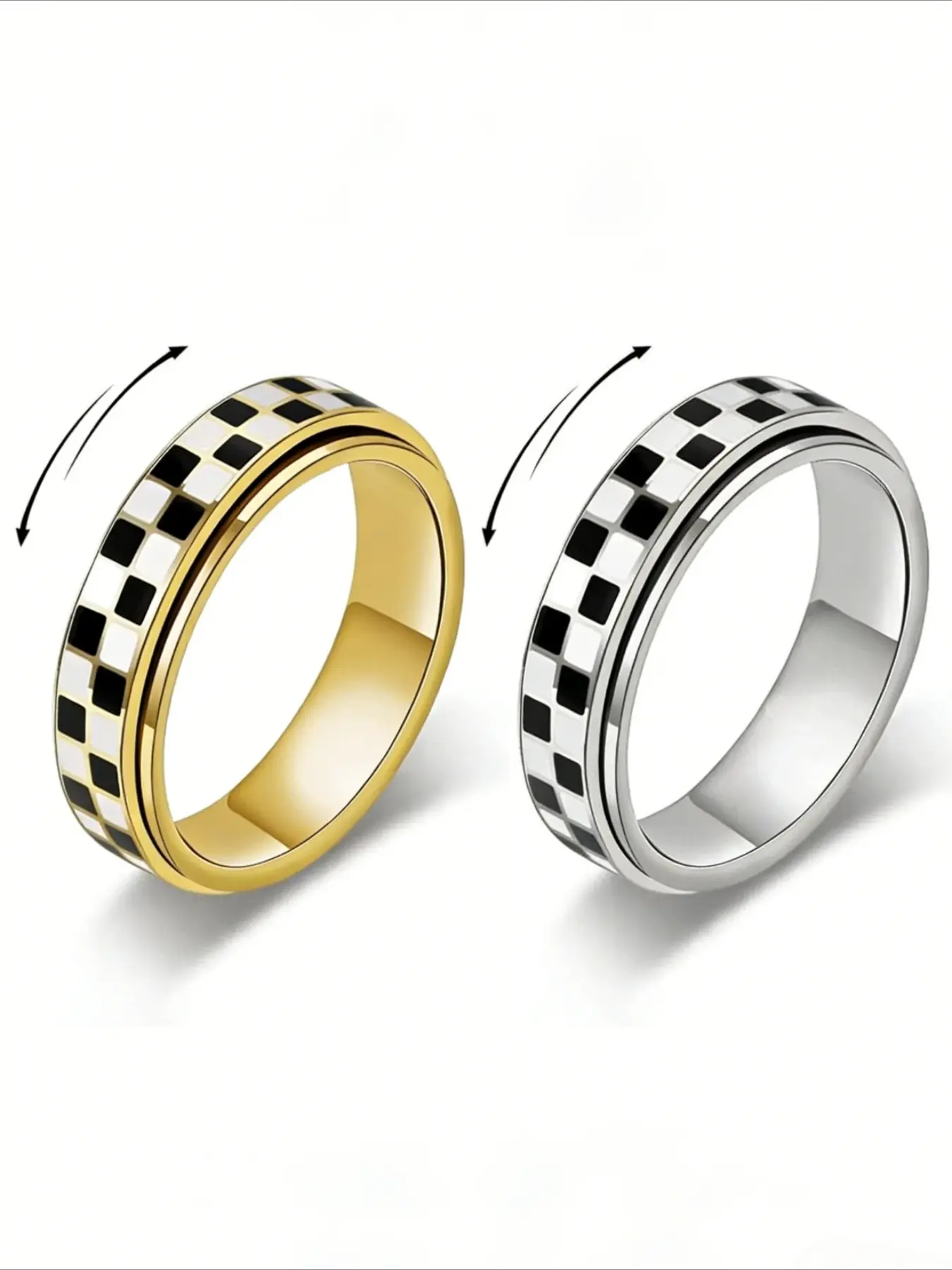 Stainless Steel Checkered Rotating Stress Relief Ring, Unisex Casual Daily Wear, Simple Chessboard Design Jewelry, Stainless Steel Rings