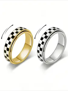 Stainless Steel Checkered Rotating Stress Relief Ring, Unisex Casual Daily Wear, Simple Chessboard Design Jewelry, Stackable Rings