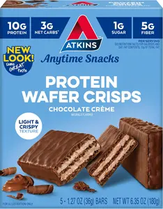 Atkins Chocolate Crème Protein Wafer Crisps, Protein Dessert, 4g Net Carb, 1g Sugar, High in Fiber, Keto Friendly, 5 Count