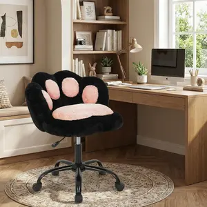 Modern Cute Armless Office Chair with Cat Paw Back,Comfy Small Desk Chair with Wheels,Ultra-Plush Fleece Cute Vanity Chair,Swivel Height Adjustable Computer Chair for Home Office,Make-Up Room,Bedroom,Black
