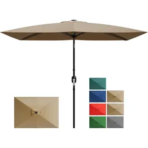 10' x 6.5' Rectangular Patio Umbrella, Outdoor Table Umbrella with Crank and Push Button Tilt, Market Umbrella Sun Umbrella with 6 Sturdy Ribs Tilt for Garden, Deck, Lawn, Pool -Tan
