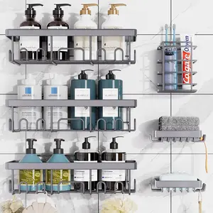 Adhesive Shower Caddy 6-Pack,Heavy Weight Bearing,Large Wall Mounted Shower Shelves Rack,Organizer Storage Accessories with Soap Dish&Toothbrush Holder,Ideal for Bathroom,Home&Kitchen,Grey