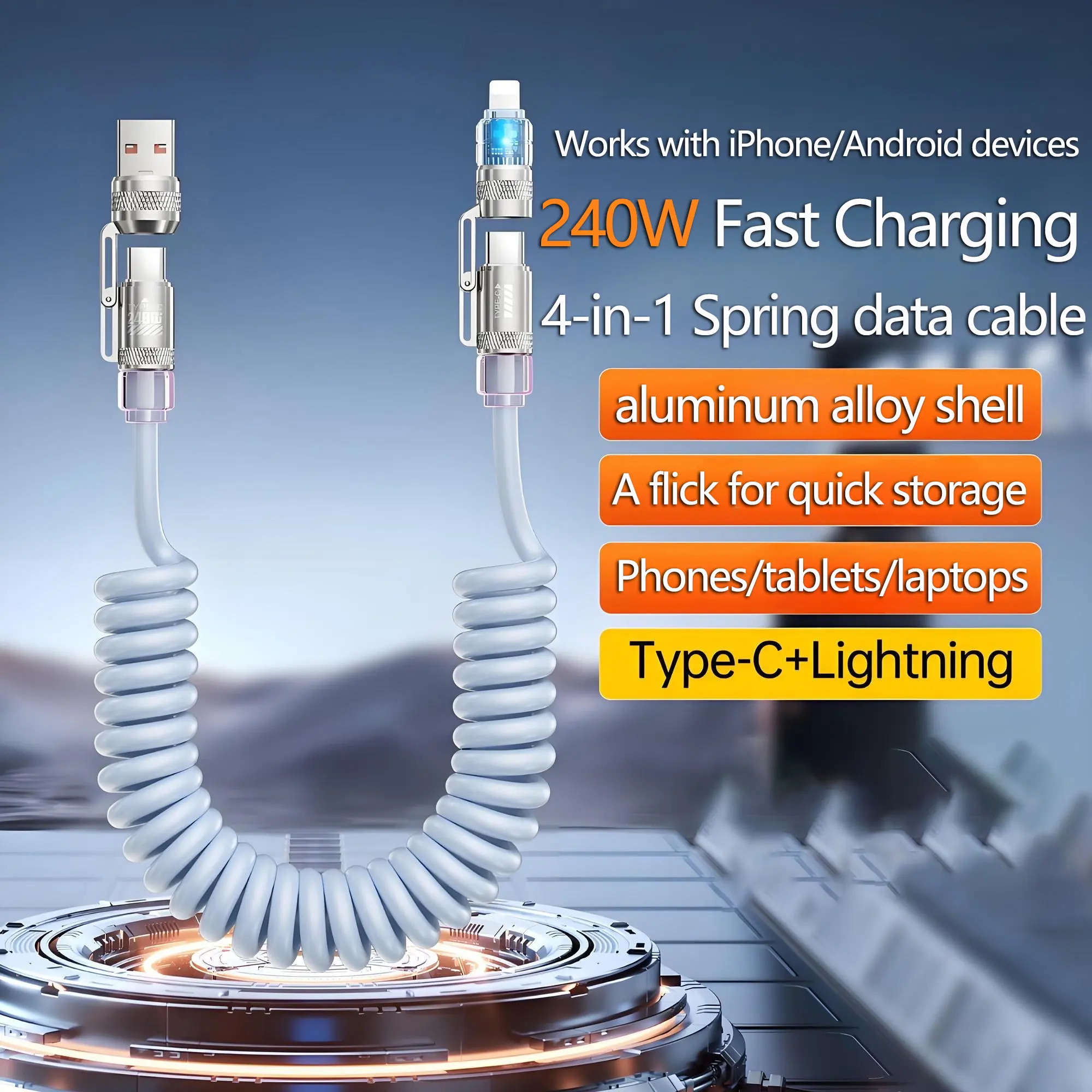 PD 240W 4-in-1 Spring Data Cable, Suitable for Fast Charging of Mobile Phones, laptops, Tablets, and Multi Port C-Type USB Data Cables Smartphone Cellphone Charger Electronic Blue wireless charger