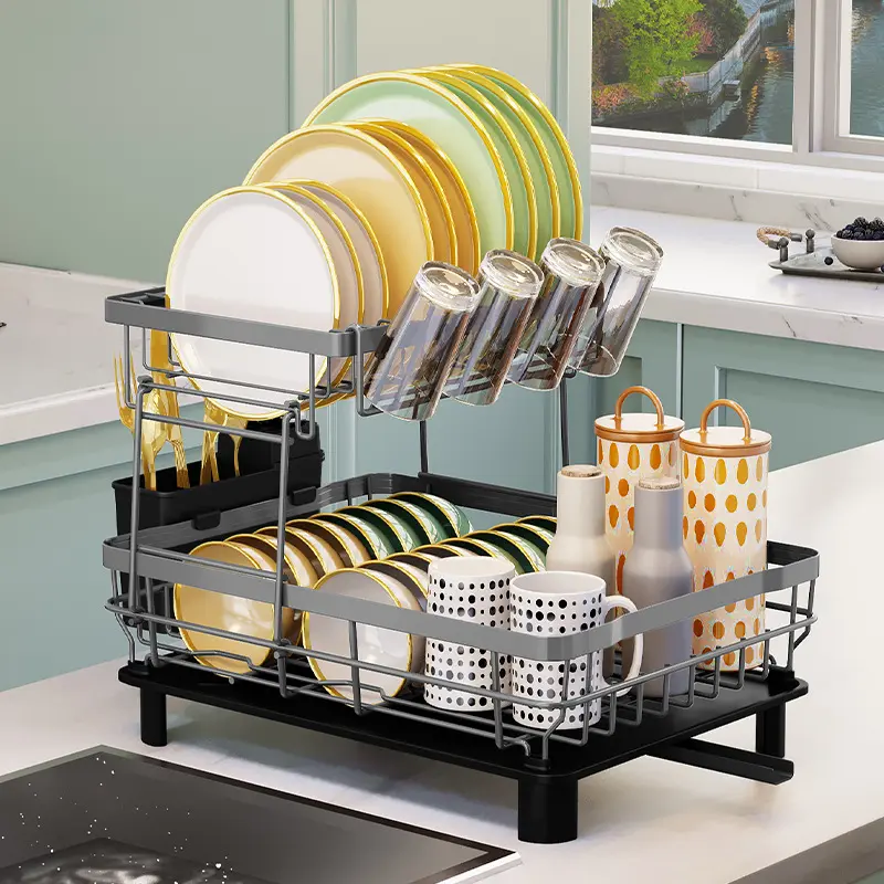 2 Tier Dish Drying Rack for Kitchen Counter MetalDish Racks Drainers with Knife Cup Utensil Holder Organiser Black