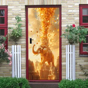 2pcs Golden Elephant with Falling Gold Coins Wall Sticker Southeast Asian Mythology Style Home Decor Self Adhesive Mural for Living Room Bedroom Indian Cultural Elements Auspicious Decoration Painting
