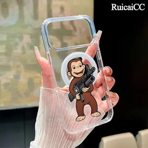 Machine Gun Monkey Pattern Magnetic Phone Case for iPhone 15 Plus 17 16 Pro Max Air 14 13 12 11 Transparent Shockproof Soft Premium Stylish Durable Protection Case