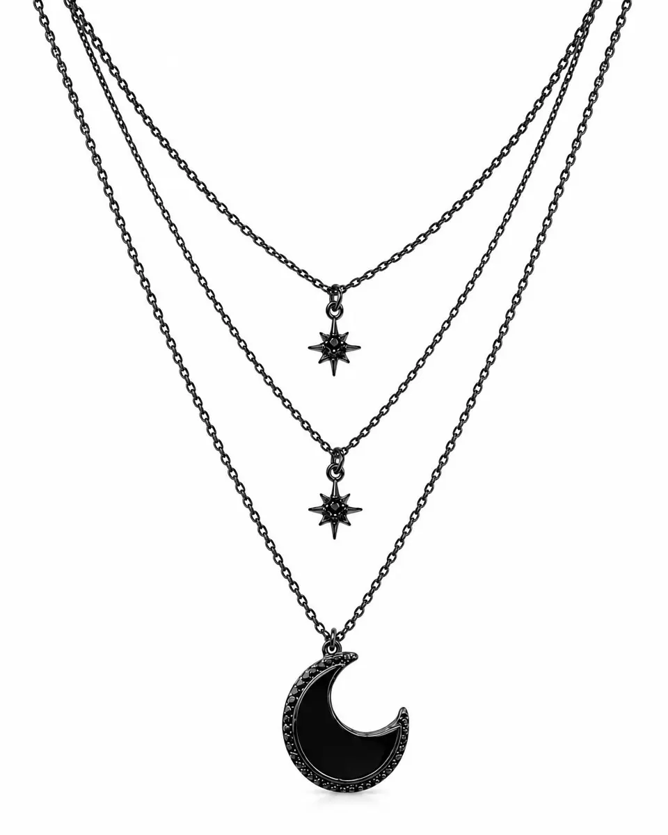 Gothic Moon Star Layered Necklace for Women - 316L Stainless Steel, Glossy IP Plated, AAA Black CZ, Reinforced Welded Chain, Thick Lobster Clasp Halloween Costume Jewelry