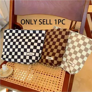 Women Portable Makeup Bag, Corduroy Chessboard Pattern Handbag, Travel Toiletries Organizer, travel cosmetic bags, Phone Storage Pouch, Essential Carry-On Item