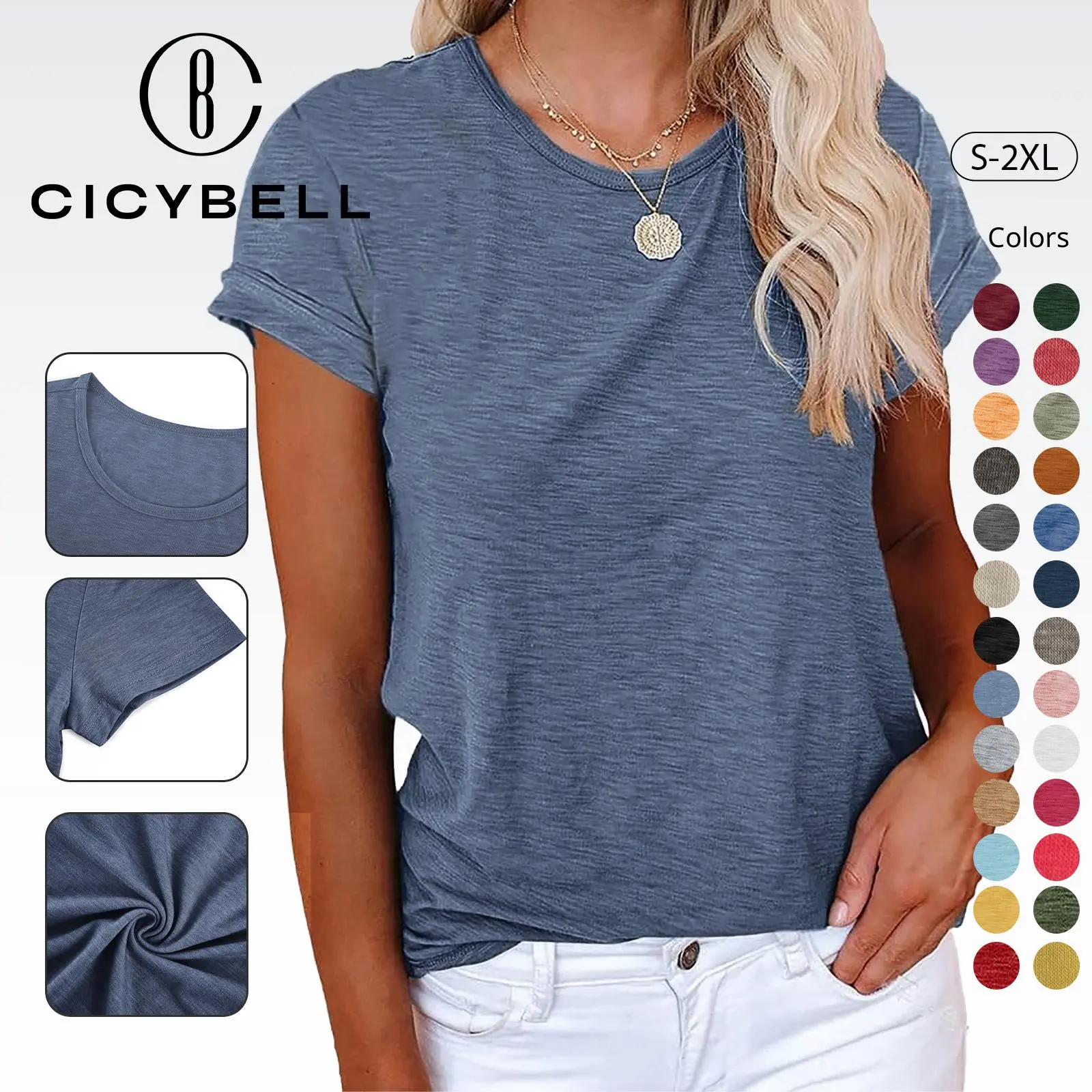 Cicy Bell Women's Round Neck Short Sleeve Fitted Loose Casual Summer Basic T-Shirts Tops, Shortsleeve