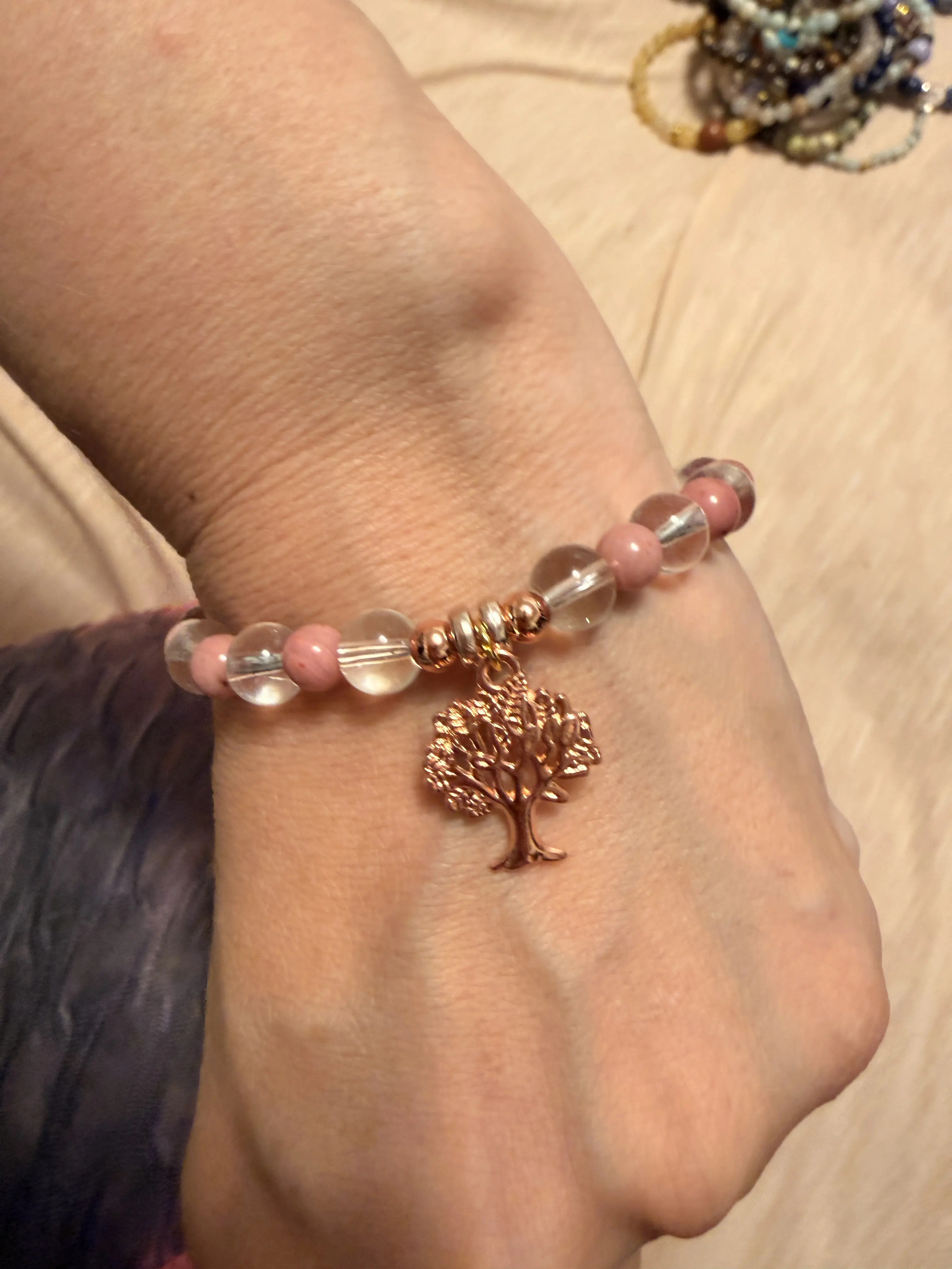 Tree of Life Copper Rhodolite Garnet Bracelet, Clear Quartz Grounding Energy Jewelry
